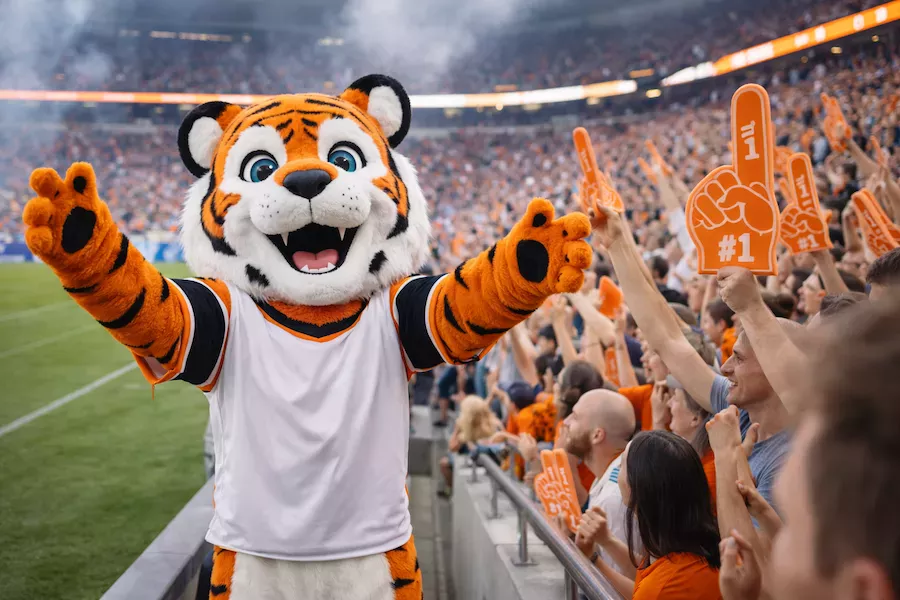 Maskotdräkt som används vid sportevent och publik aktivitet – tigerfigur i orange engagerar publiken i fullsatt stadion med jubel och #1-skyltar.